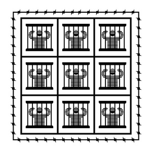 监狱的标志。囚犯在监狱里。罪犯和酒吧在窗口。perimete周围有刺铁丝网