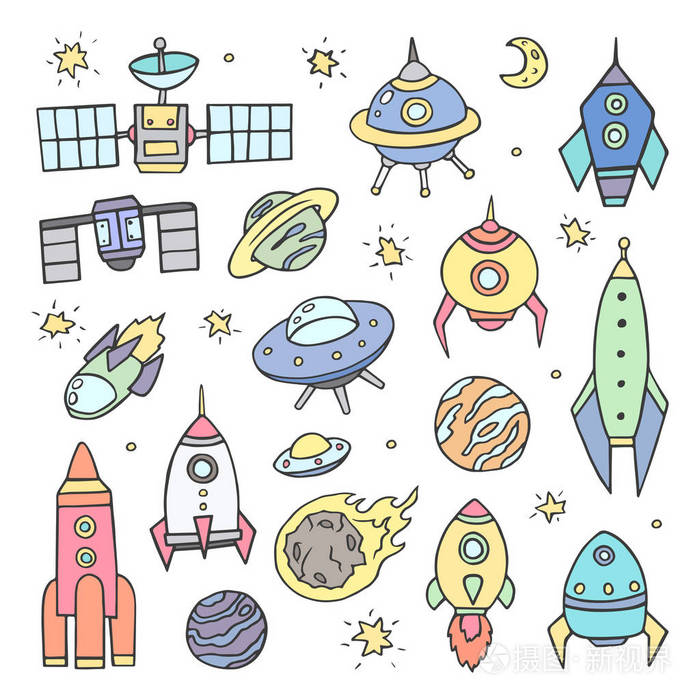 手绘.行星, 宇宙飞船, 恒星和彗星, 火箭, 航天飞机, 飞碟