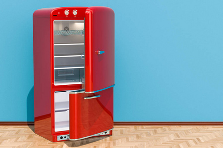 打开红色冰箱, 复古设计在房间的木地板, 3d 渲染