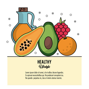 彩色海报健康的生活方式与一套食品橄榄油和水果木瓜葡萄, 橙和鳄梨
