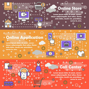 网上购物矢量平线艺术横幅套装