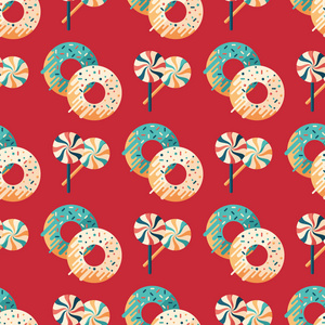 圣诞糖果和甜甜圈平面艺术无缝模式