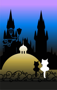 插图, 黑猫和白猫看城堡