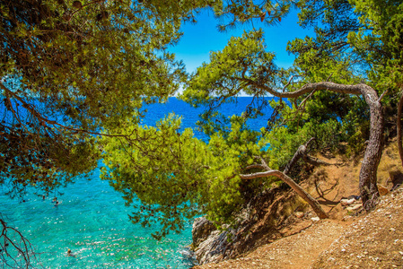 克罗地亚, 克罗地亚海岸, 海和山的美丽的风景。全景