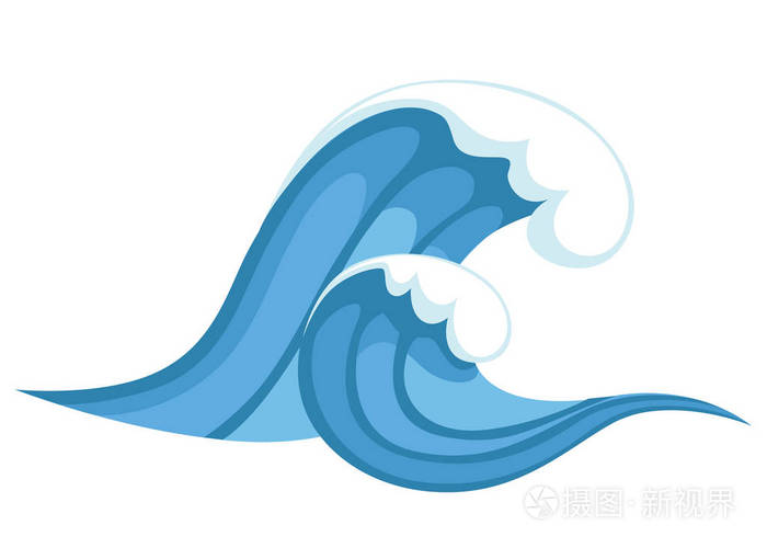 海啸浪潮.卡通风格的大蓝色海浪.灾变颜色图标.在白色