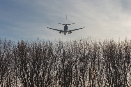 大乘客 airlplane 在日落时低空飞越森林树木。着陆或起飞。底部视图。Copyspace 文本。暑期旅游理念