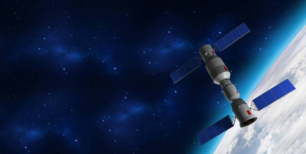 3d. 中国 Tiangong1 空间站绕地球运行的模式。3d 渲染