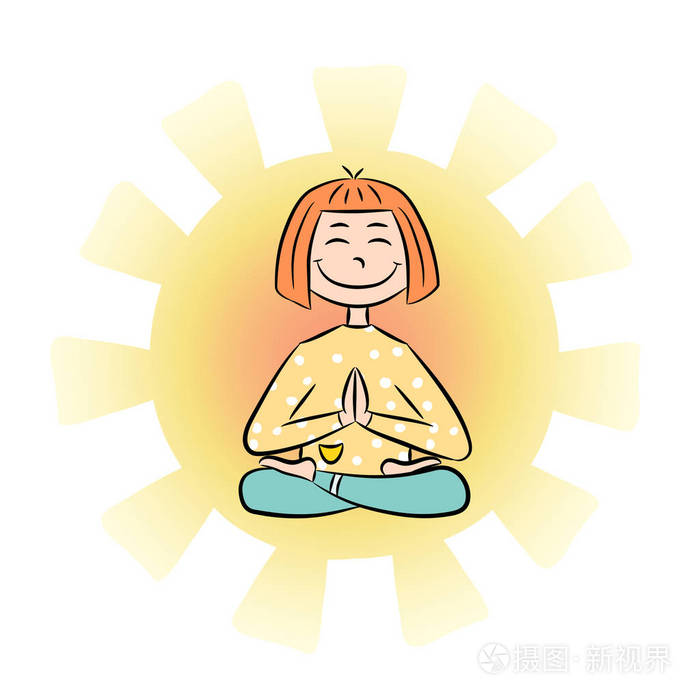 一个卡通滑稽的女孩坐在莲花位置瑜伽的形象.瑜伽徽标.向量例证
