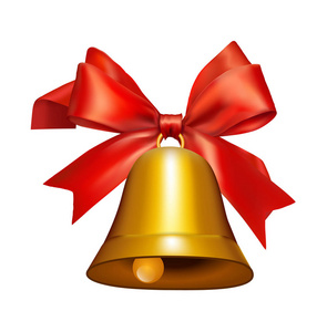 金黄响铃与红色丝带标志附件圣诞节。在白色矢量图上隔离