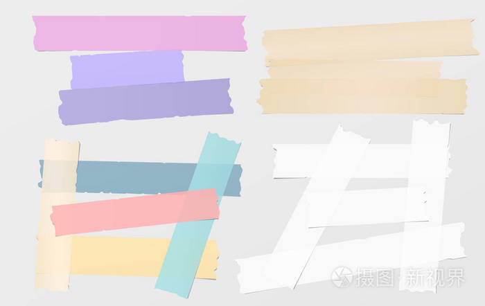 彩色和白色胶粘剂 粘性 掩蔽 胶带 纸条 文本在灰色背景上的片断