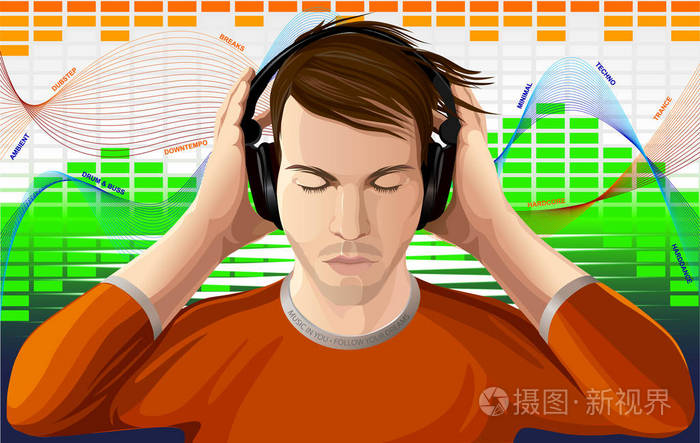 年轻人用耳机听音乐.图形元素作为一个均衡器后面.矢量插图