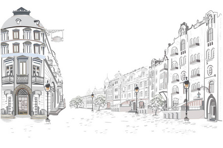 系列的街道在旧城的景色。手绘矢量建筑背景与历史建筑