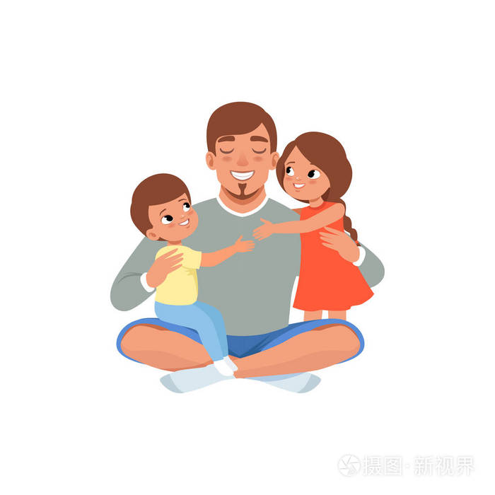 快乐的父亲与他的两个孩子 爱爸爸和孩子一起花时间在白色背景上矢量