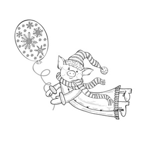 可爱的小猪在圣诞老人服装飞行气球