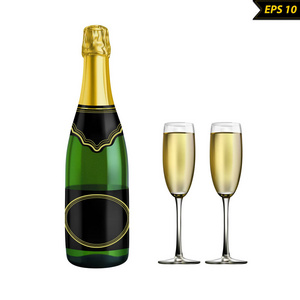 香槟瓶和葡萄酒眼镜矢量插图在白色真实感背景下隔离