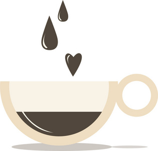 一杯咖啡与水滴在心脏的形状隔绝在白色背景。矢量插图