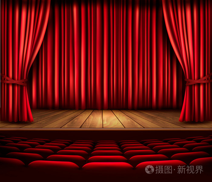 用一个红色的帷幕座椅和聚光灯的剧院舞台vecto