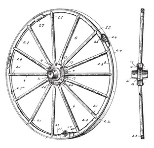古董车轮是一种圆形装置, 能够在其轴上旋转, 方便移动或运输, 同时支持, 复古线条画或雕刻插图