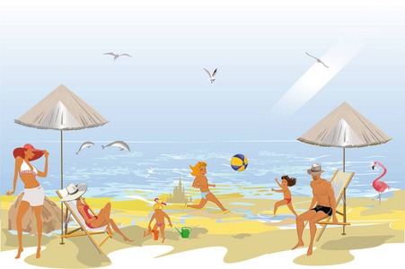 系列夏季背景与蓝天和海水, 太阳。人们在沙滩上晒日光浴。手绘卡片插图