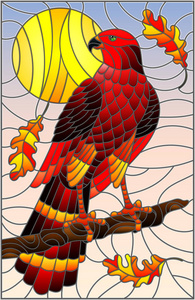 插图在彩色玻璃风格与神话般的红色猎鹰坐在树枝对天空