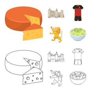 奶酪, 狮子和国家的其他标志。比利时集合图标在卡通, 轮廓风格矢量符号股票插画网站