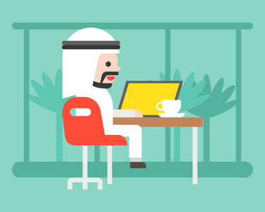 可爱的阿拉伯商人坐在咖啡馆与笔记本电脑, co 工作空间业务情况的概念, 平面设计
