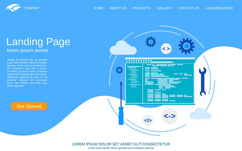 网站着陆页向量模板。白色蓝色抽象背景与应用程序开发平面设计风格插图