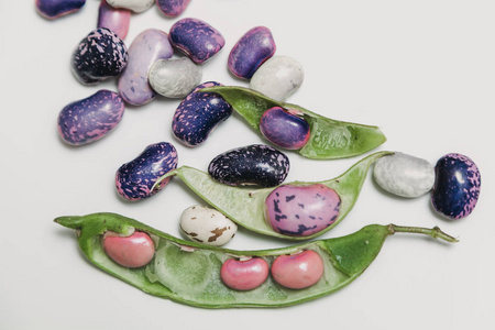 不同颜色的豆子的豆荚和种子位于白色背景上。近 u