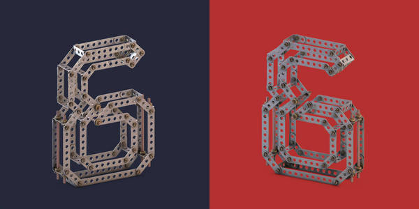 3d. 具有红色和深蓝色背景的金属构造器字体。3d 渲染。数字6