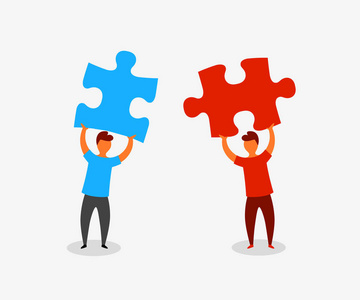 两个平面式的人连接拼图元素。业务团队合作和合作理念