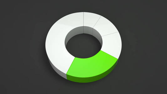 白色圆环饼图, 黑色背景上有一个绿色扇区。信息图模型。3d 渲染插图