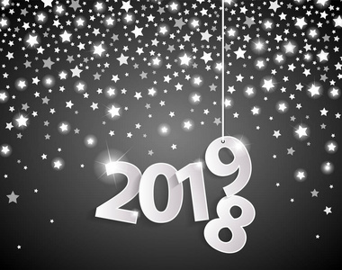 黑色新年快乐2019贺卡概念与纸 cuted 白色数字在银星秋季背景。向量例证