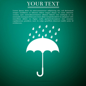 伞和雨滴图标在绿色背景下隔离。平面设计。矢量插图