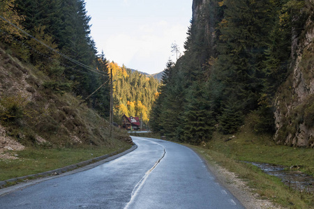 在罗马尼亚的麸城附近的喀尔巴阡山山脚下的峡谷的道路通过