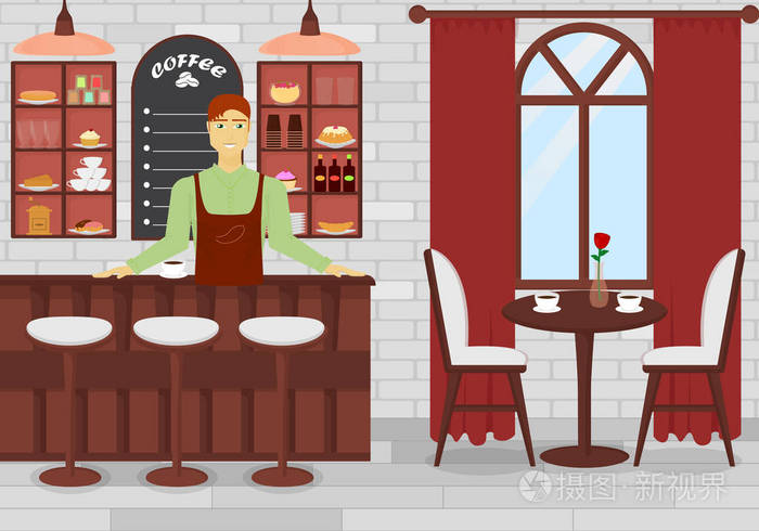 平面卡通设计中的咖啡店内饰与男酒保的矢量插图