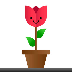 一个可爱的花朵在棕色的壶的矢量插图。玫瑰与一个微笑在花盆里