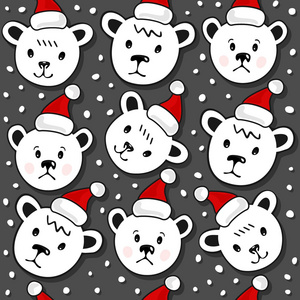 北极熊在圣诞老人帽子圣诞冬季假期无缝模式在深色背景上