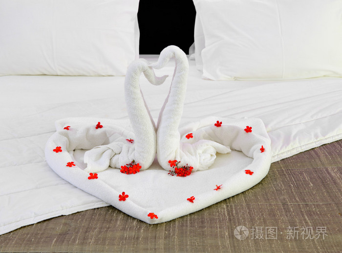 与天鹅从毛巾新婚夫妇床上酒店房间