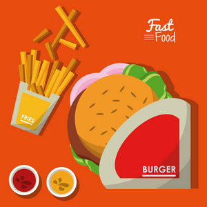 海报快餐在橙色背景与汉堡和调味汁和薯条