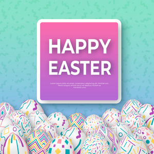 复活节背景与3d 华丽的鸡蛋绿色与方形框架。可爱的矢量复活节横幅或贺卡