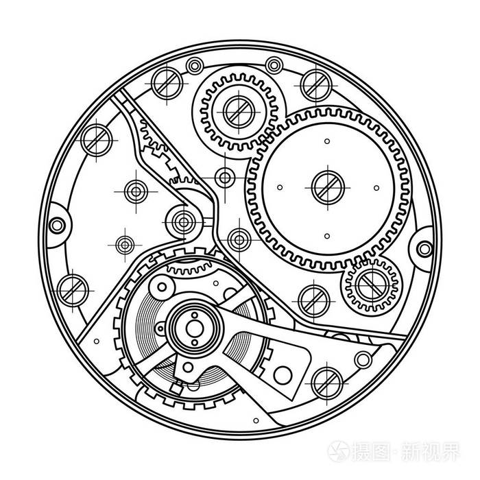 机械手表与齿轮.内部设备的绘图.它可以作为复杂系统