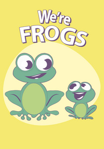 可爱的卡通风格青蛙上面的标题, 在丰富多彩的背景