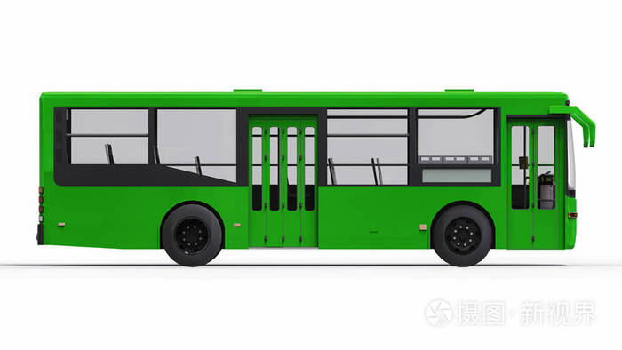 小城市绿色公共汽车在白色背景.3d 渲染