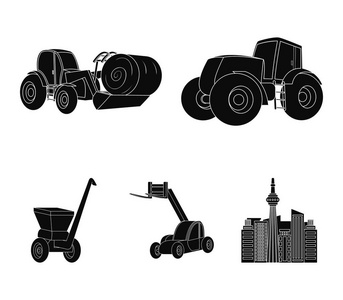 拖拉机, 干草平衡器和其他农业设备。农业机械集合图标黑色样式矢量符号股票插画网