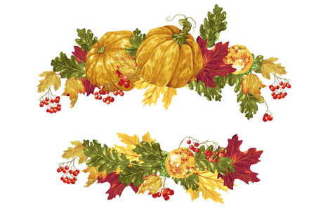 装饰标题框架元素在媒介与秋天事例如南瓜橡树叶枫叶红色秋天莓果和苹果
