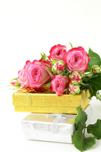 粉红玫瑰和白色背景上的礼品包装盒