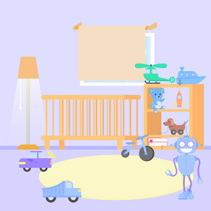 婴儿房内部。平面设计。带窗架子玩具的婴儿房。儿童男童房