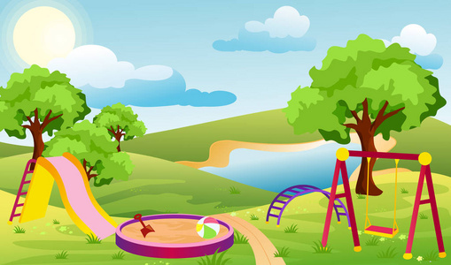 儿童游乐场的矢量插图。集元素创造城市背景, 公园景观在卡通平面风格