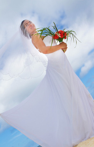 室外肖像的年轻漂亮的女人穿着婚纱的新娘