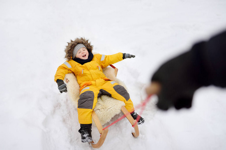 在冬季公园享受雪橇骑的小男孩。带孩子的家庭户外冬季活动。高兴 preshooler 儿童雪橇